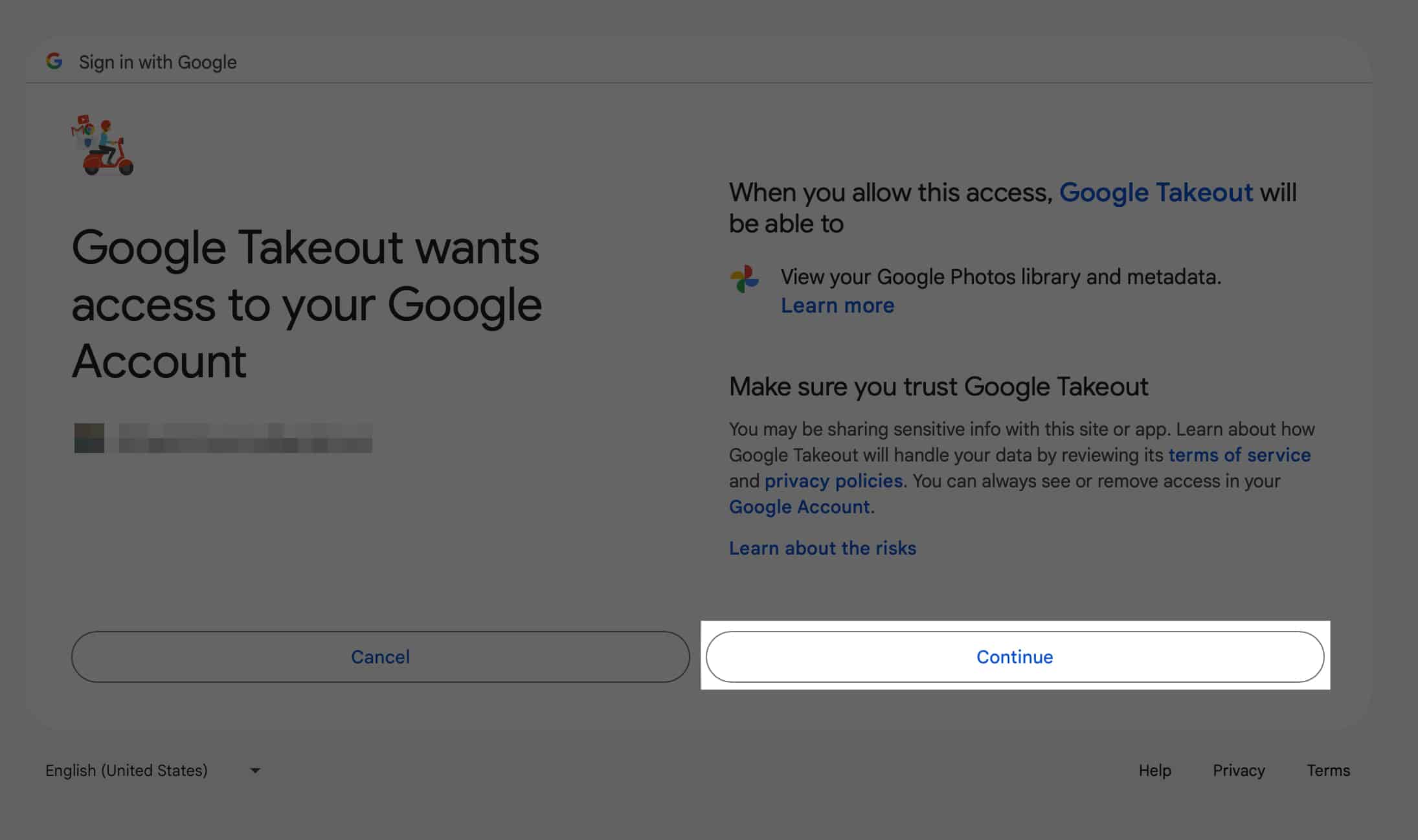 Granting Google Takeout access to a Google account