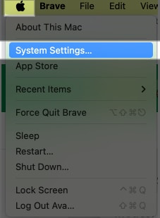 System Settings option in the Apple menu bar on a Mac