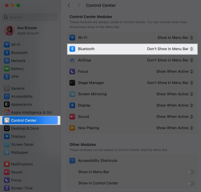 Click on Bluetooth in Control Center settings on Mac