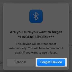 Forget Device button to confirm forgetting the paired device