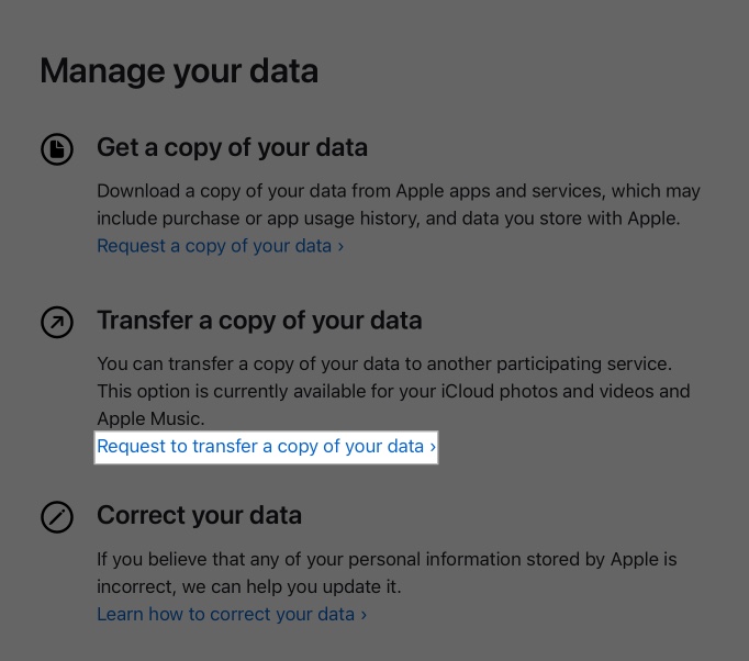 Request to transfer a copy of your data option on Apple's Data and Privacy site.