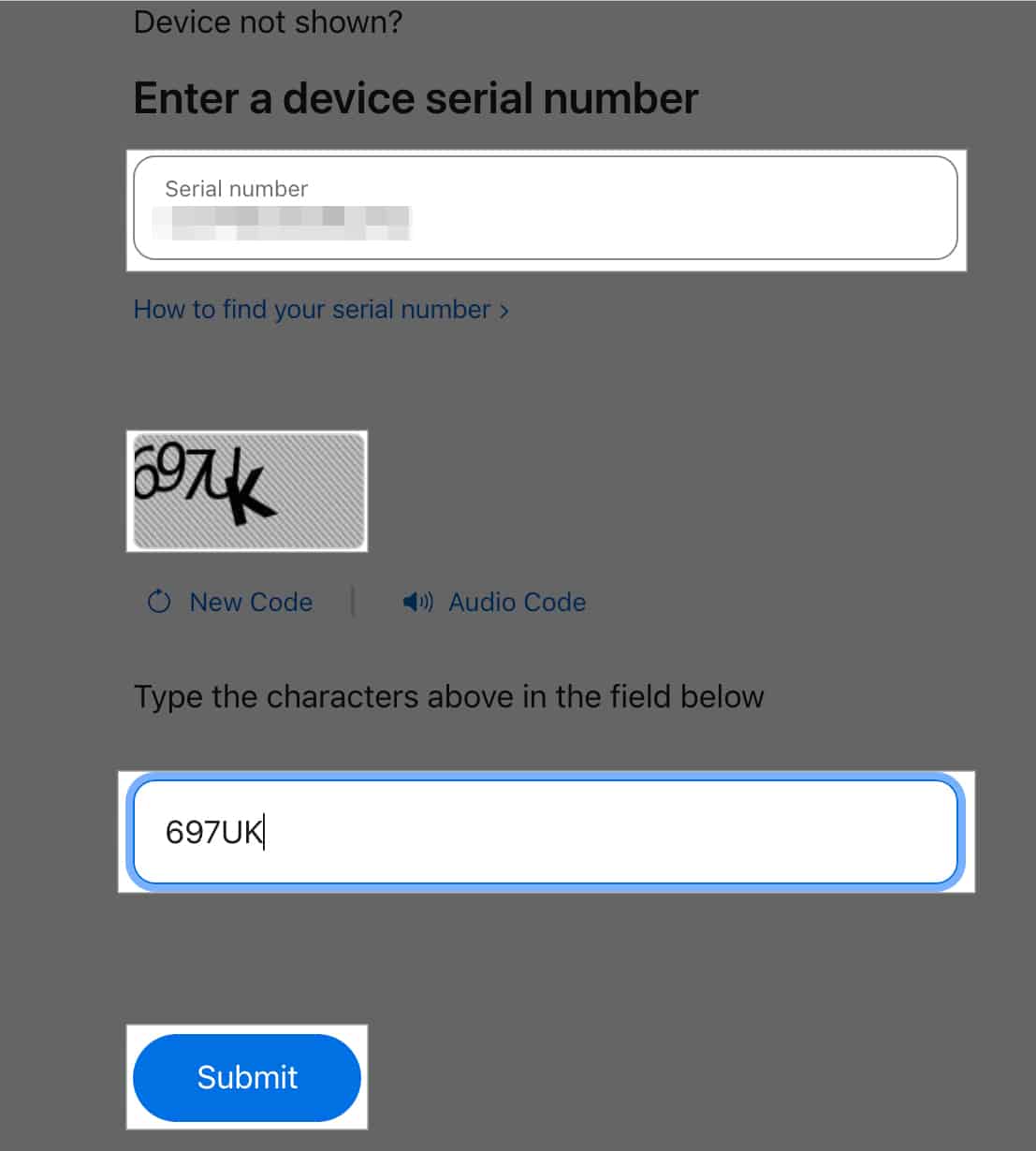 Populating a device's details on Apple's Check Coverage website to check its warranty information.