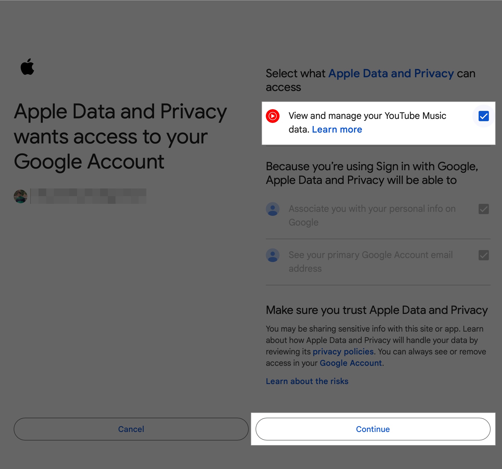 Giving Apple's Data and Privacy access to Google account data.