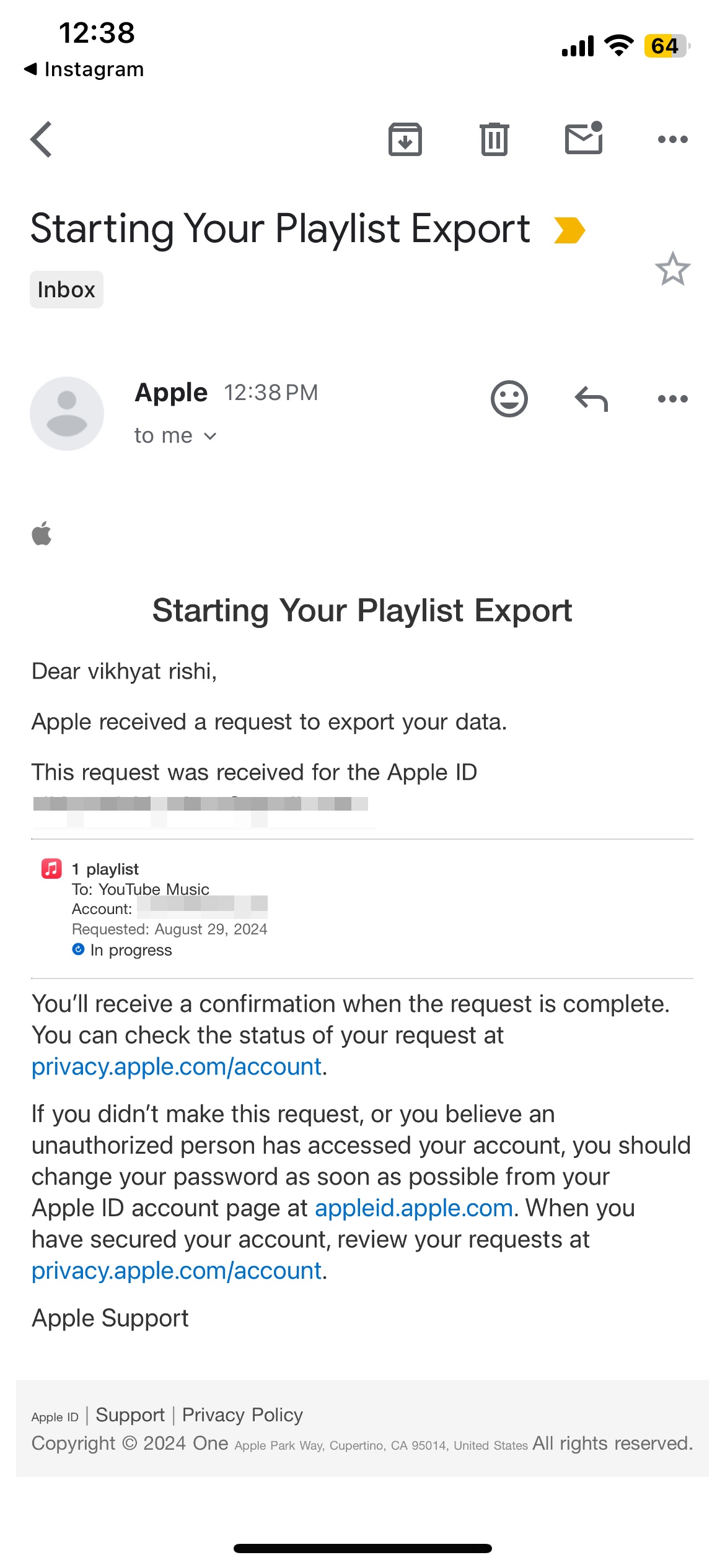 Confirmation email from Apple for the playlist transfer request