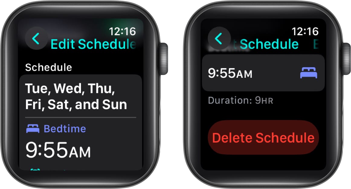 Delete Schedule option in the Sleep app on an Apple Watch to delete a Sleep Schedule