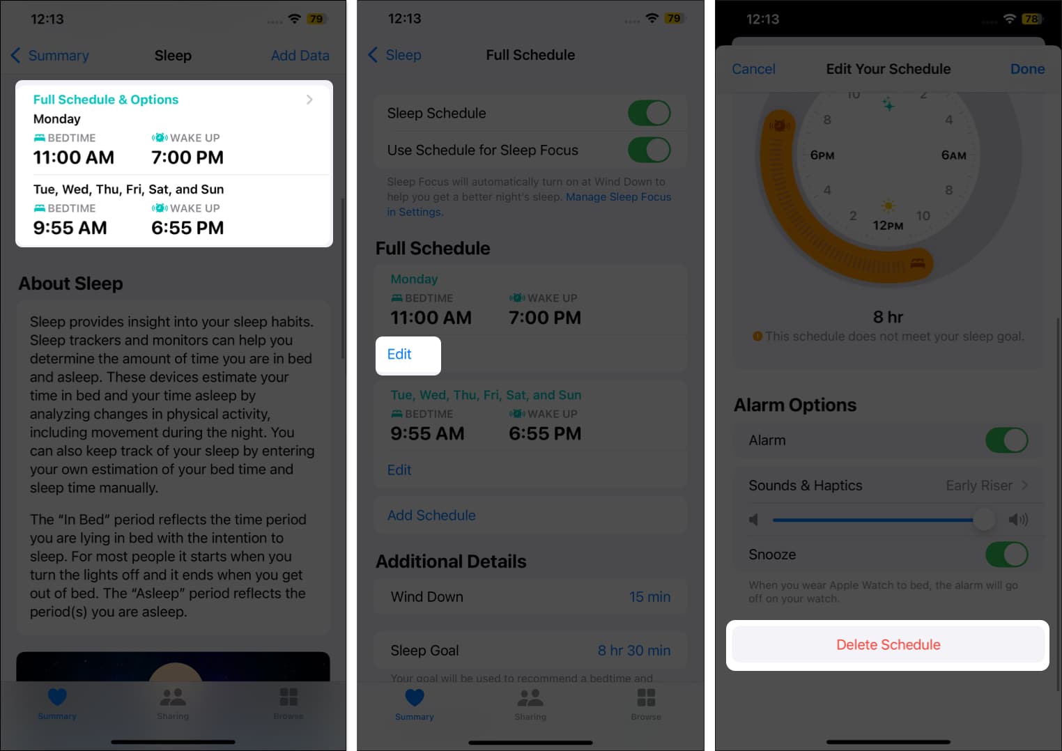 Delete Schedule option in the Watch app to delete a Sleep Schedule