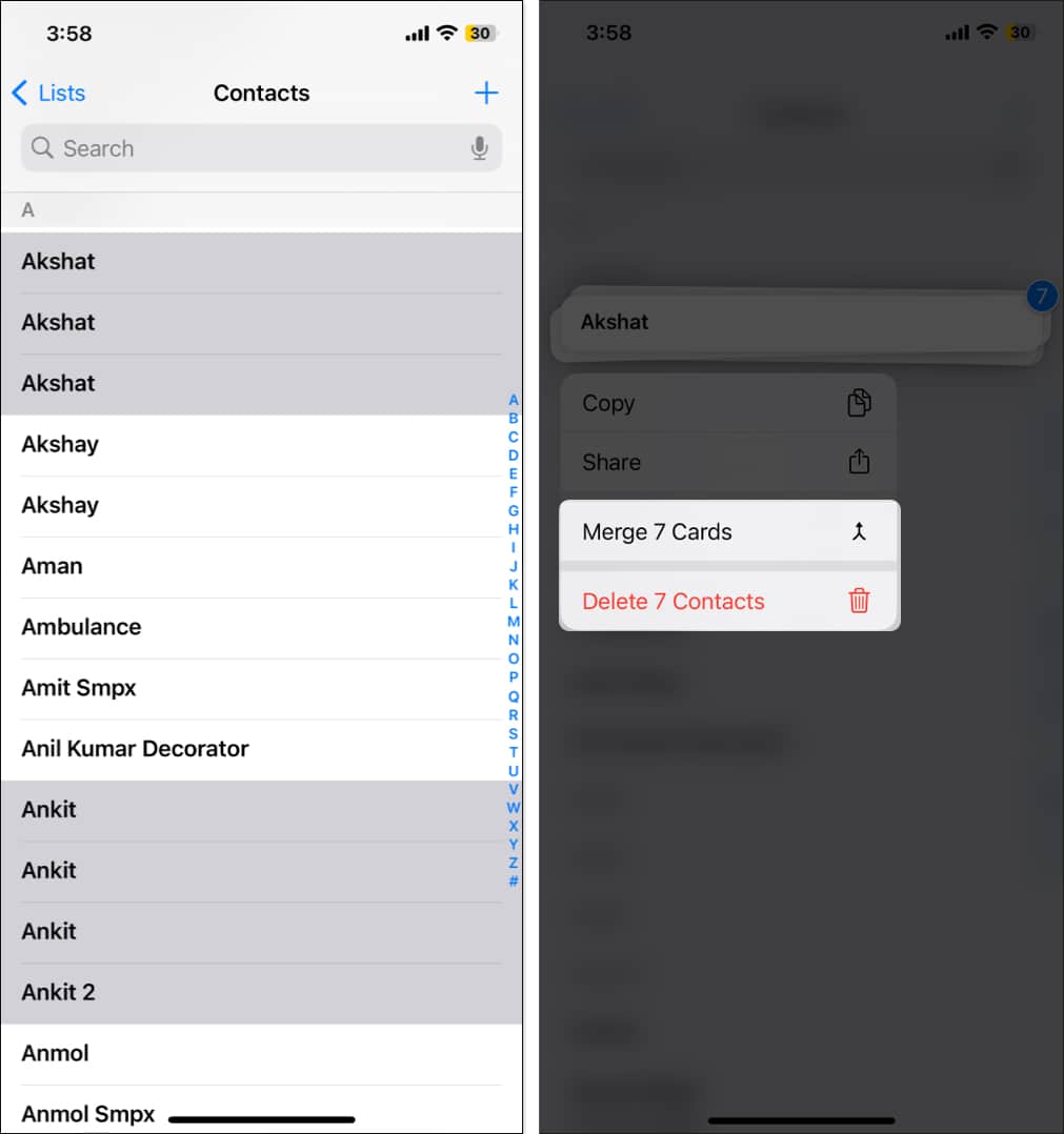 Selecting multiple contacts and deleting them in the iOS Contacts app