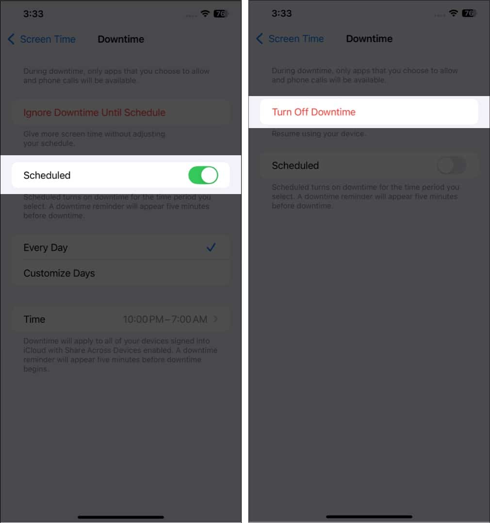 Disable Downtime in Phone Screen Time settings