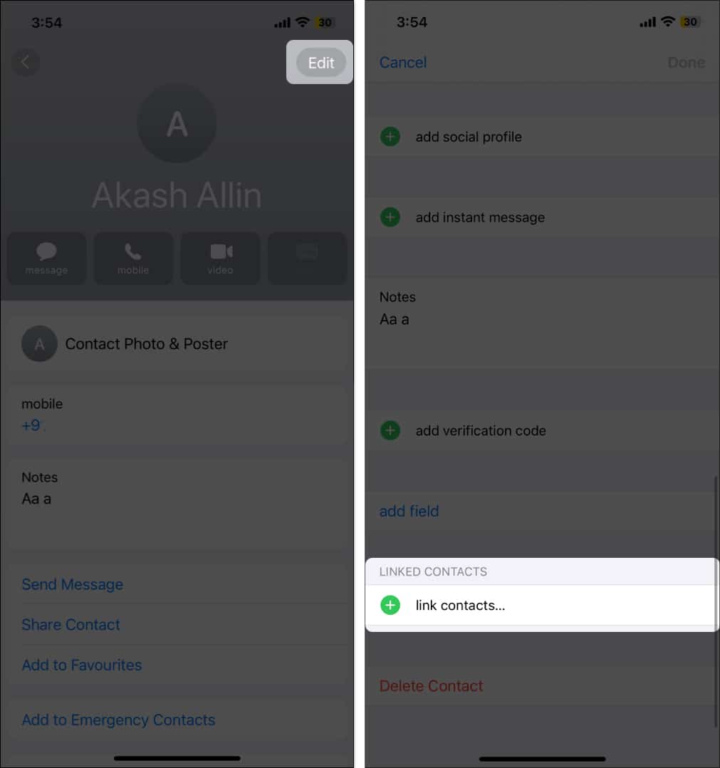 Link Contacts option for a contact in the iPhone Contacts app