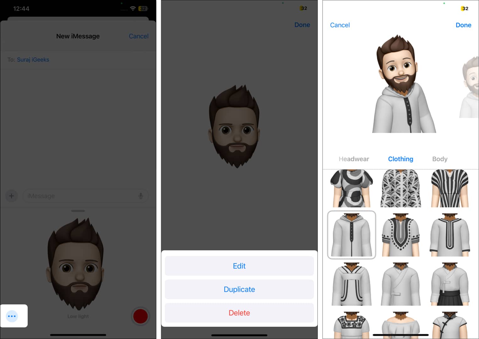 Editing a Memoji in the iOS Messages app on an iPhone