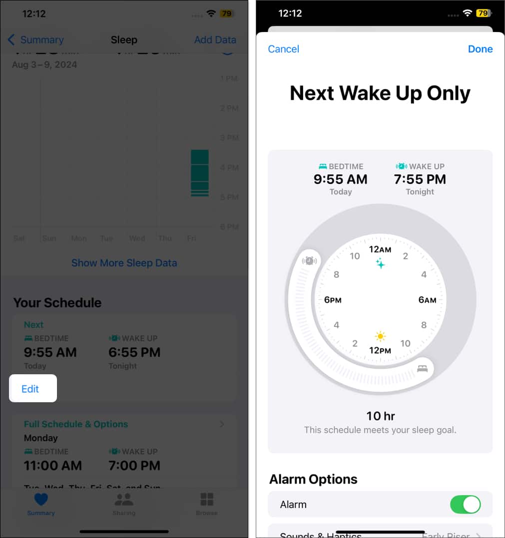 Editing a Sleep Schedule on an iPhone