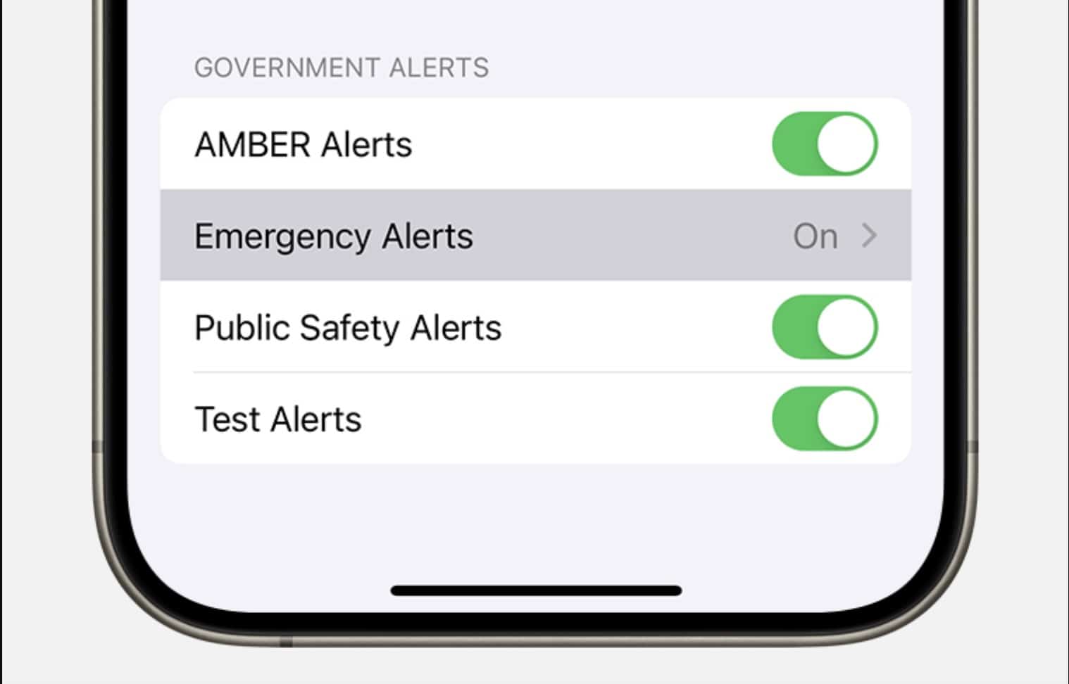 Government Alerts section on the Notifications page in the iPhone Settings app