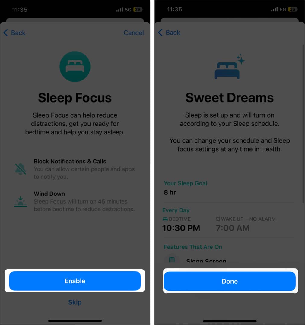 Enabling Sleep Focus in the Watch app