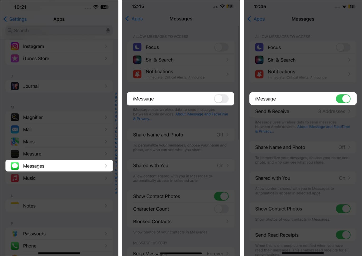 Mendayakan iMessage dalam apl Tetapan iOS pada iPhone