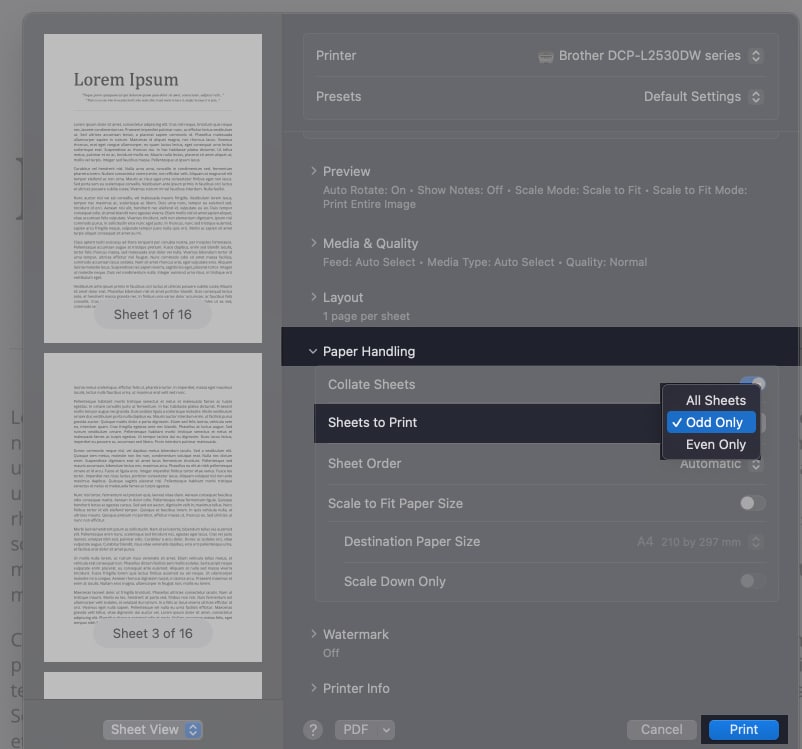 Expand Paper Handling section and select Odd Only in Sheets to Print and click Print