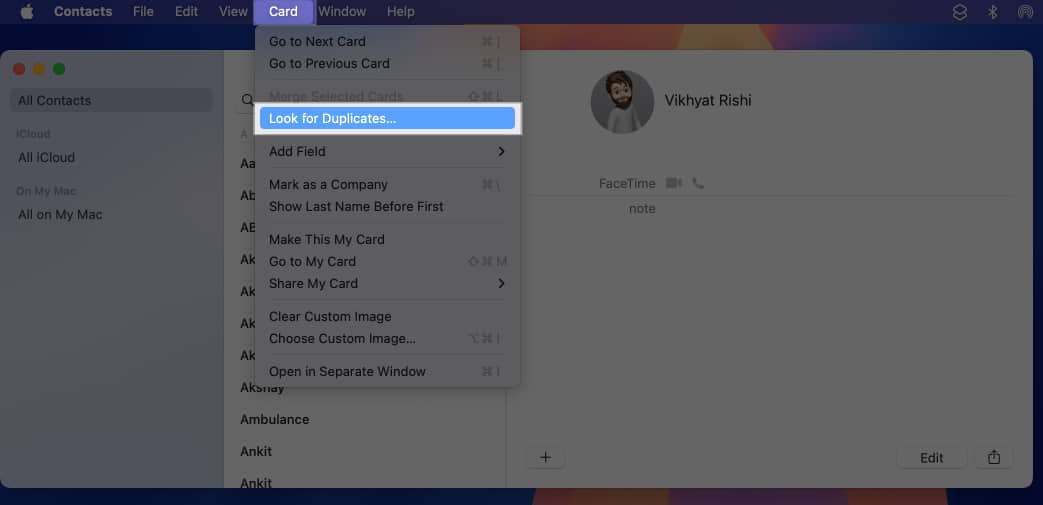 Card menu bar options for the Contacts app on a Mac