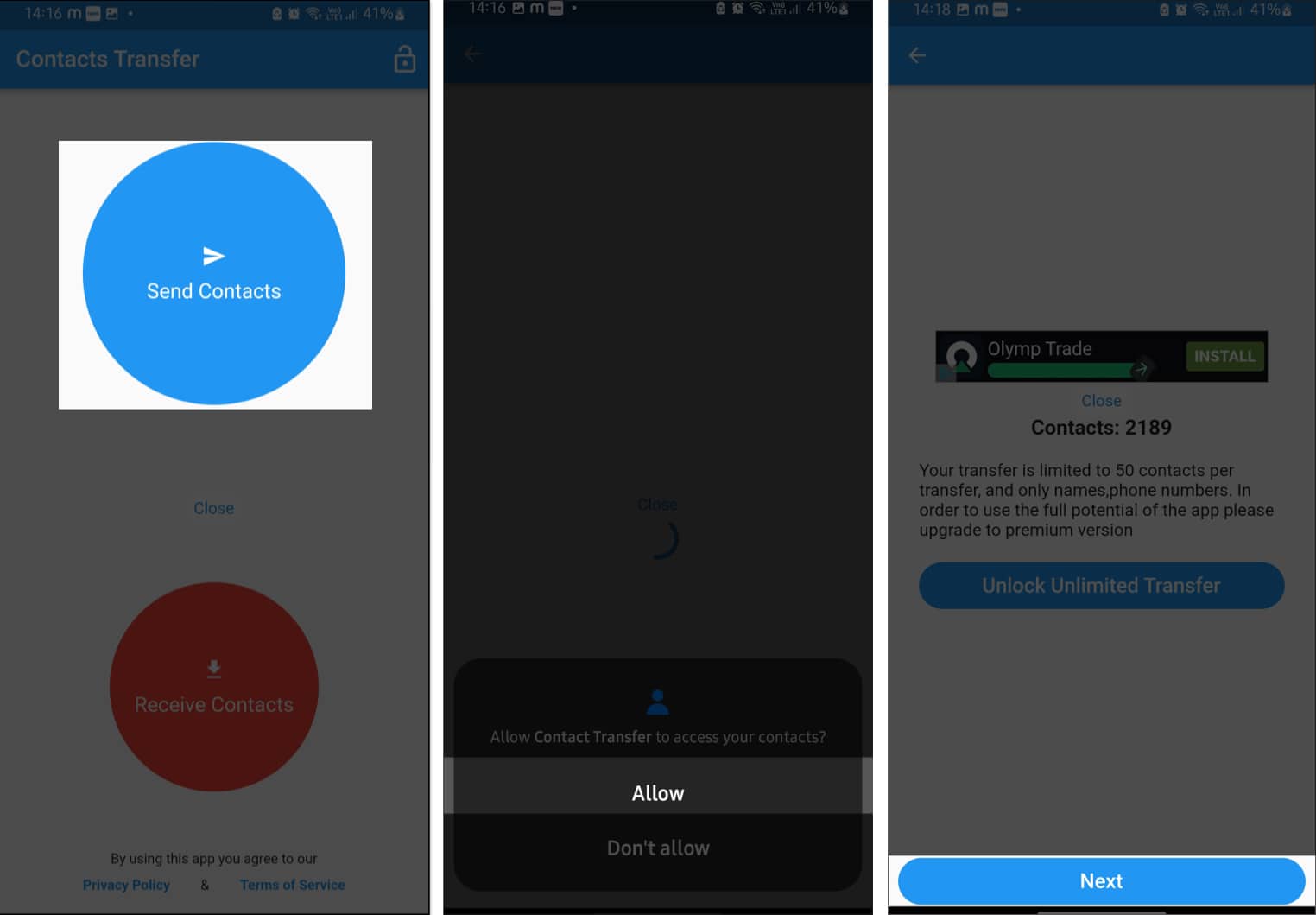 Allowing Contacts Transfer app to access the contacts list on an Android phone