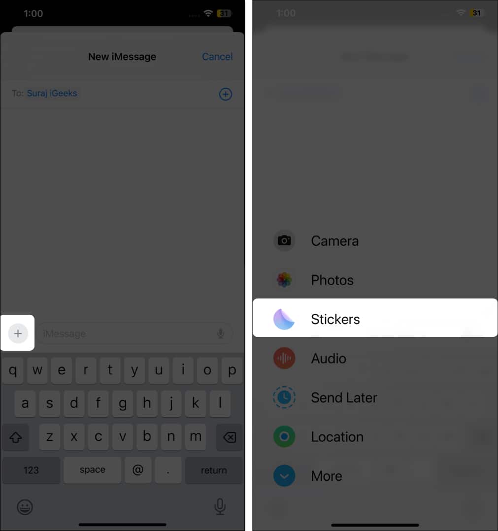 Stickers option in the Message app on an iPhone