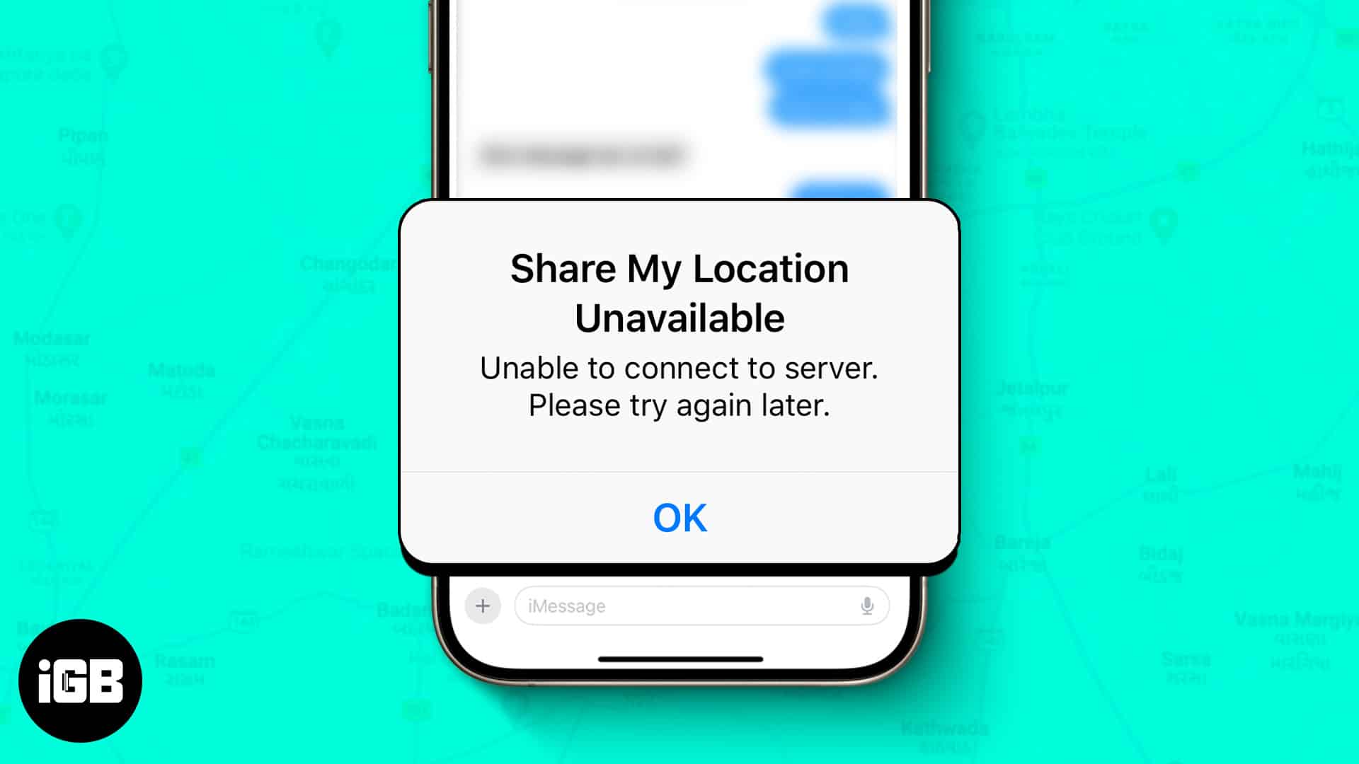 Share My Location Unavailable error on an iPhone.