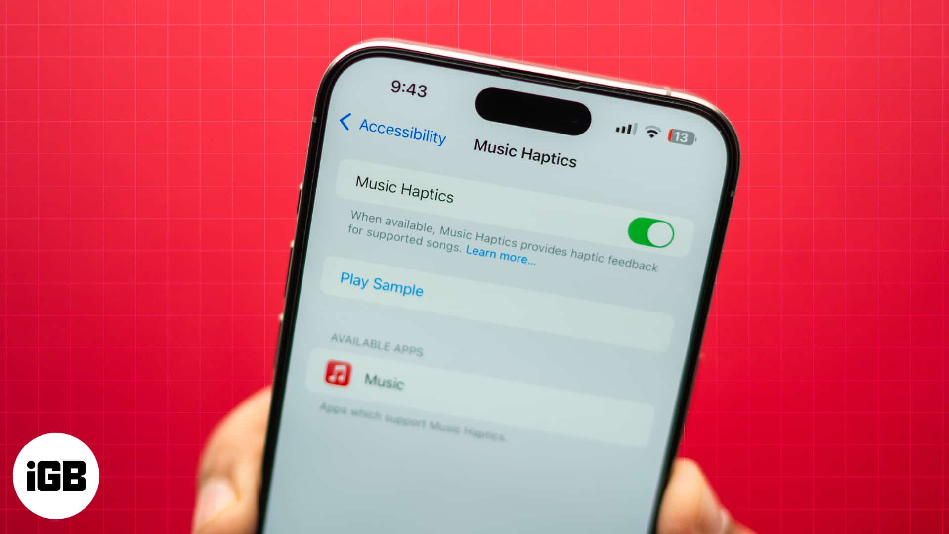 Music Haptics feature page in iPhone Settings app.