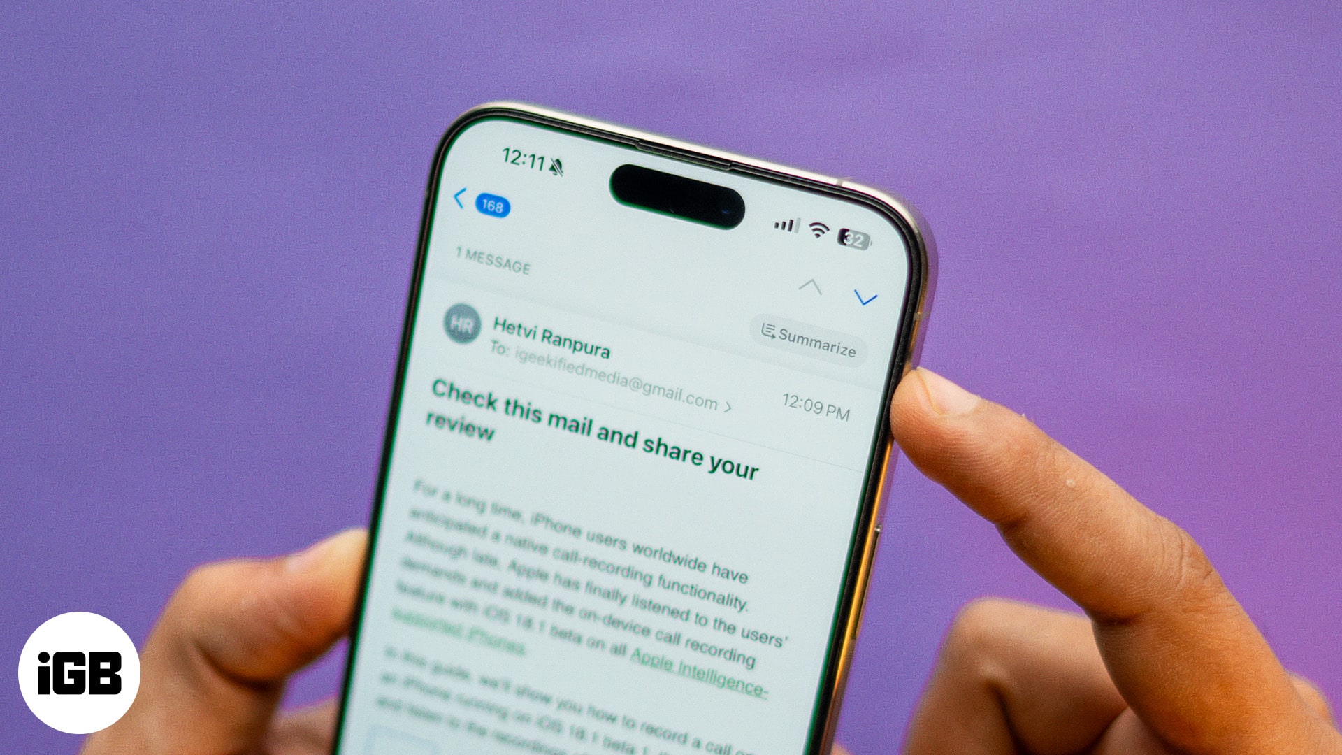 Apple Intelligence Summarize feature in the Mail app on an iPhone