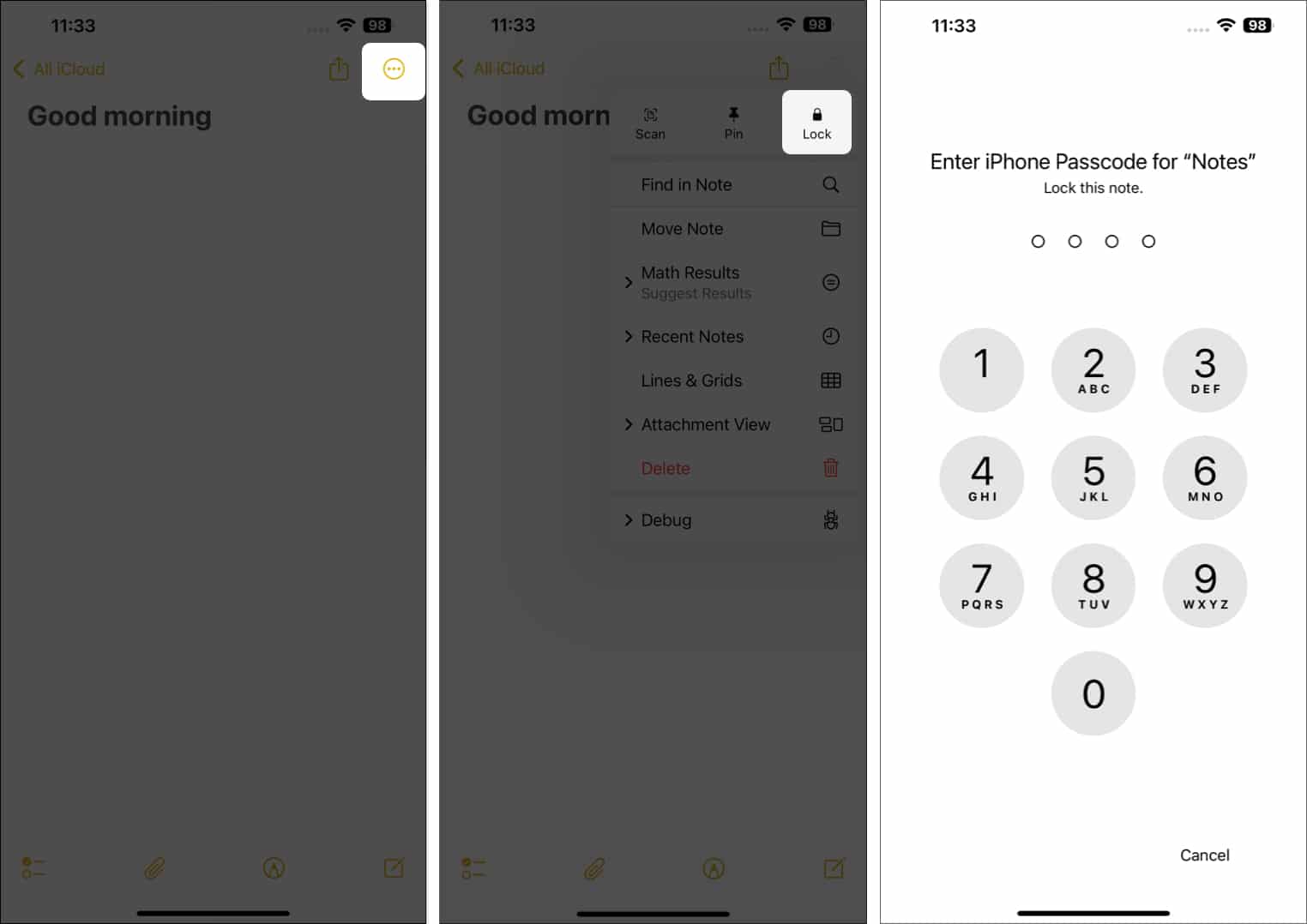 Locking a note in the Apple Notes app with an iPhone passcode