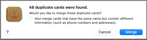 Prompt showing duplicate contact entries found in the macOS Contacts app