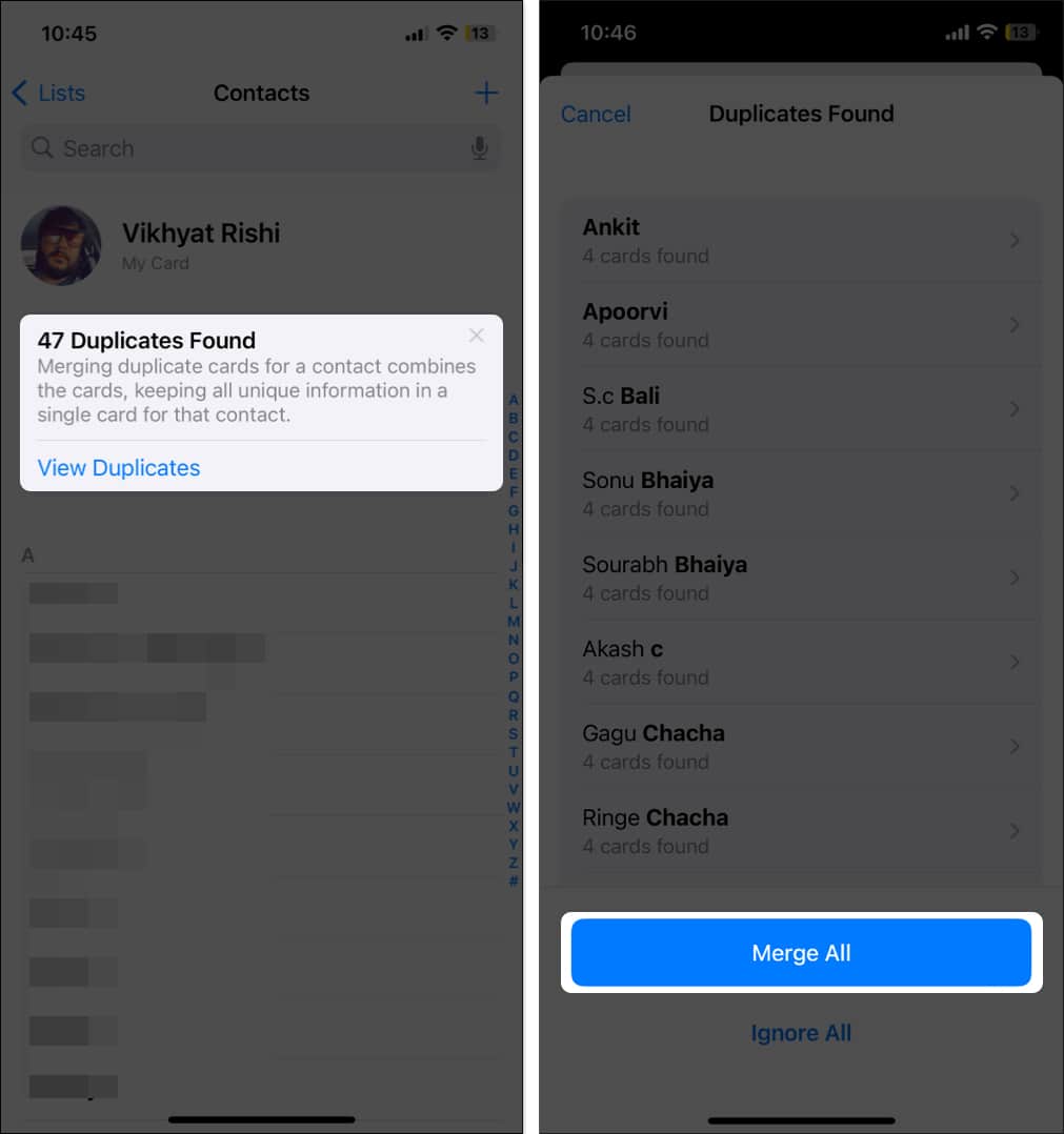 iOS Contacts app with a banner showing the number of duplicate contact entries and the Merge All button to merge them on an iPhone