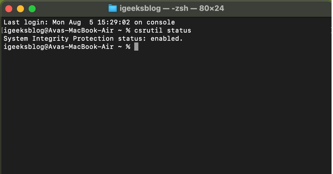 Terminal window on a Mac showing SIP status