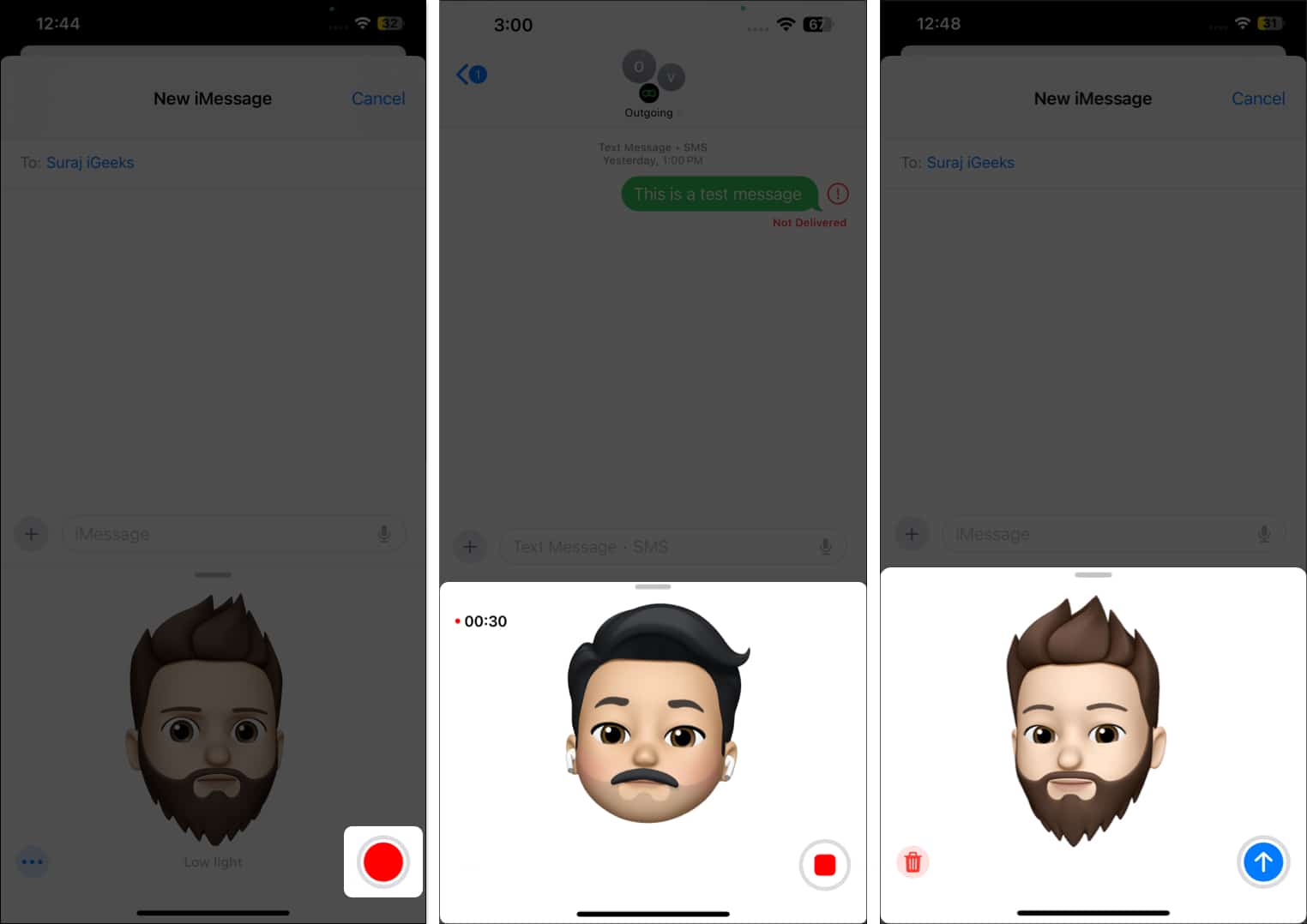 Recording an animated Memoji in the Messages app on an iPhone