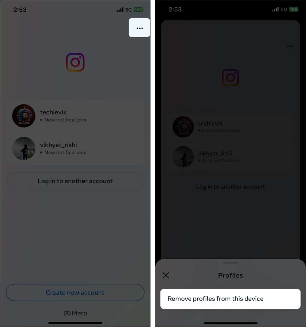 Remove saved Instagram profile from iPhone