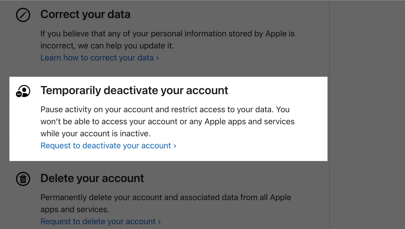 Temporarily Deactivate Apple ID option on Apple's Data & Privacy page.