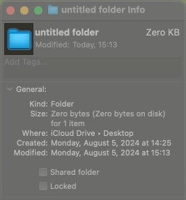 Info window showing information about a folder on a Mac