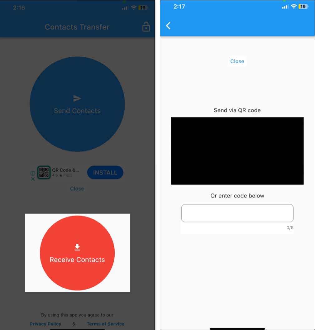 Scanning QR code or enter code in the Contacts Transfer app on an iPhone