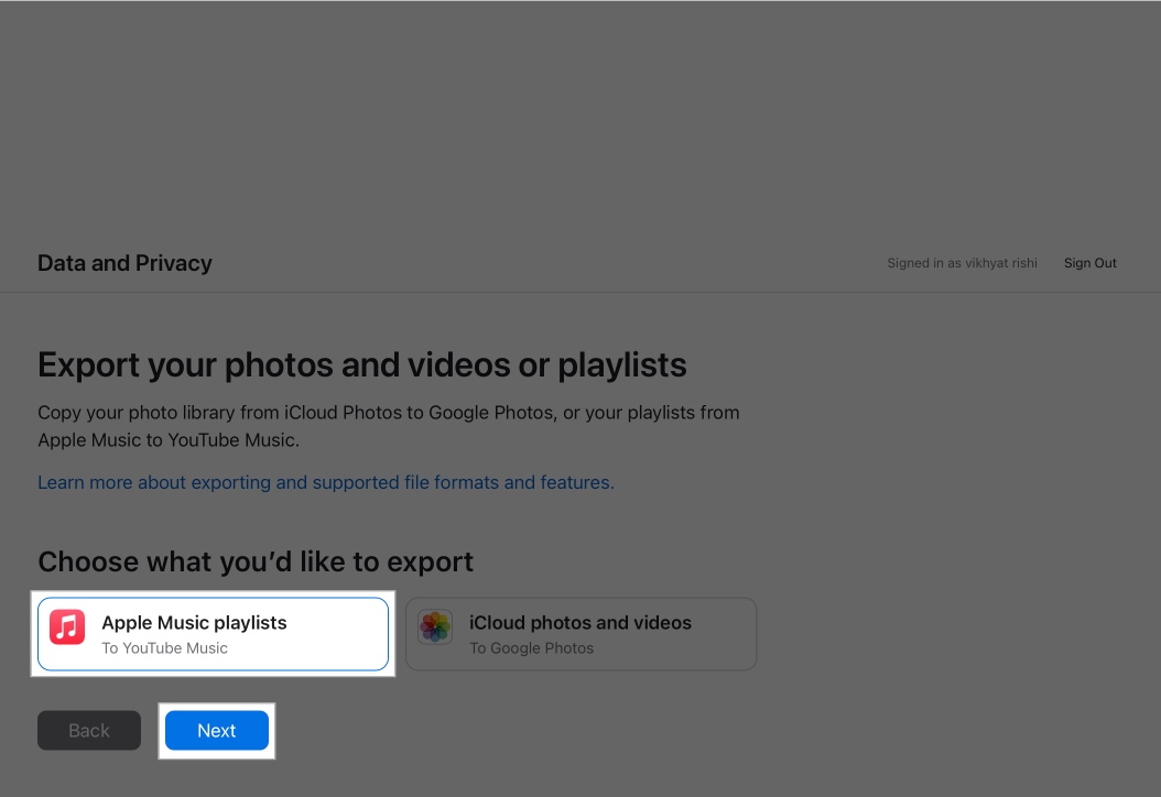 Selecting Apple Music playlists option on Apple's Data and Privacy site.