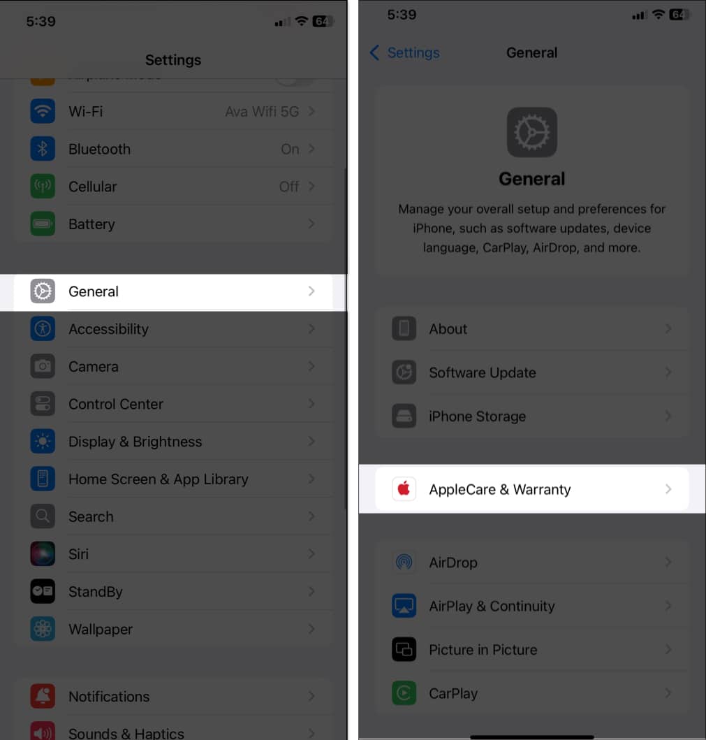 AppleCare Warranty option on the General settings page in the iPhone Settings app