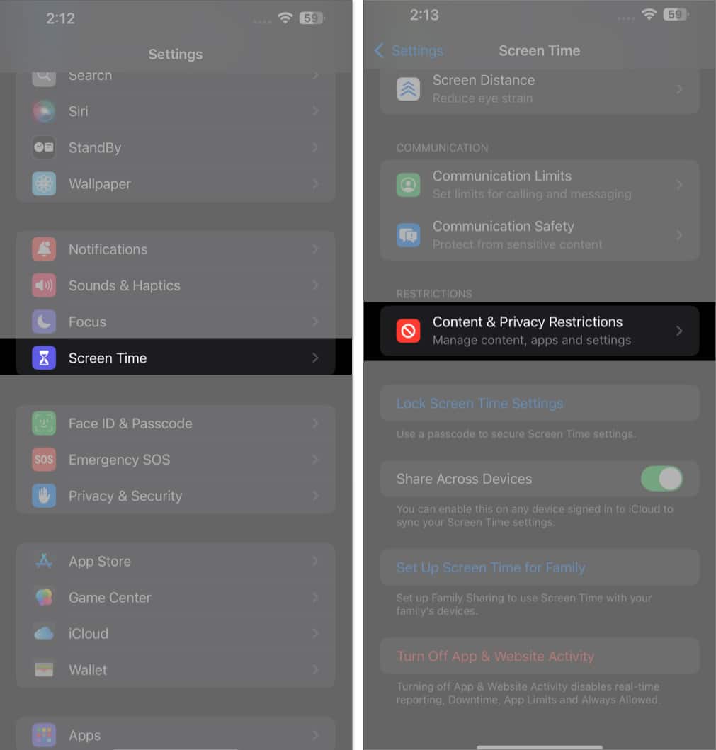 Select Content and Privacy Restrictions from Screen Time settings
