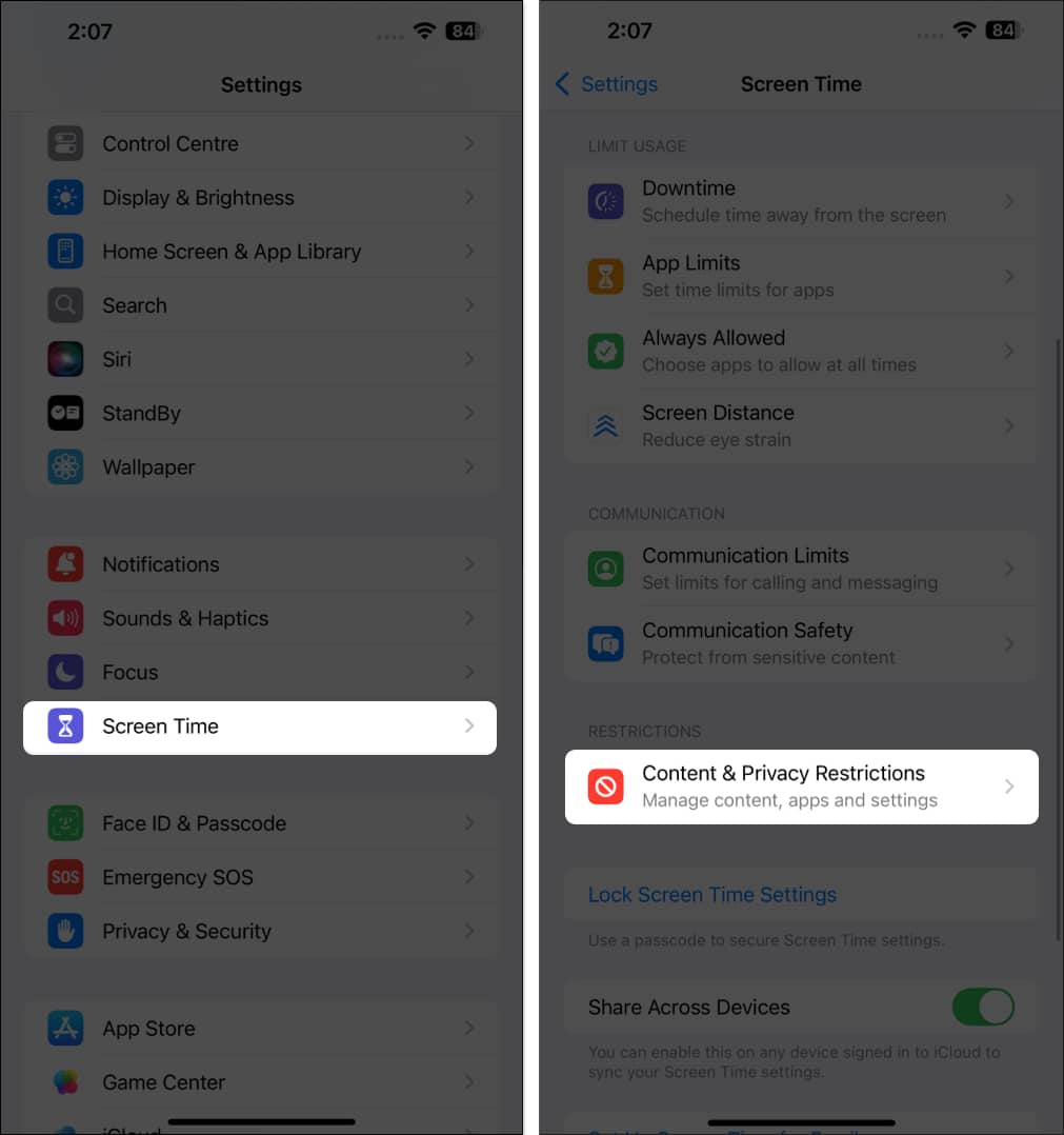 Content Privacy Restrictions option in Screen Time settings on an iPhone