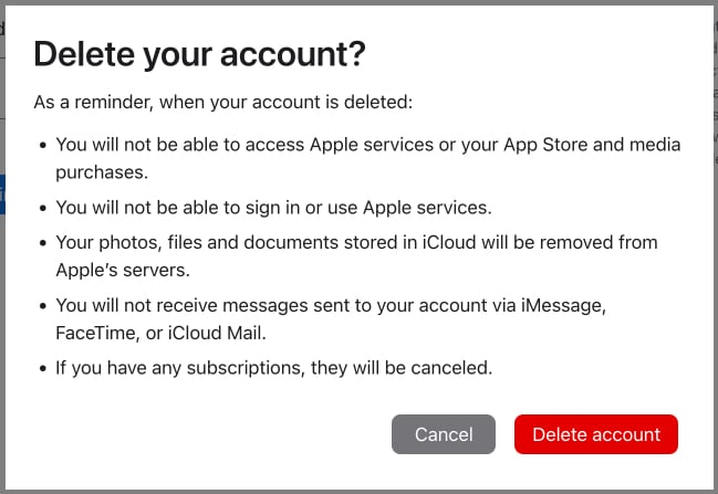 Delete Account button to confirm Apple account deletion