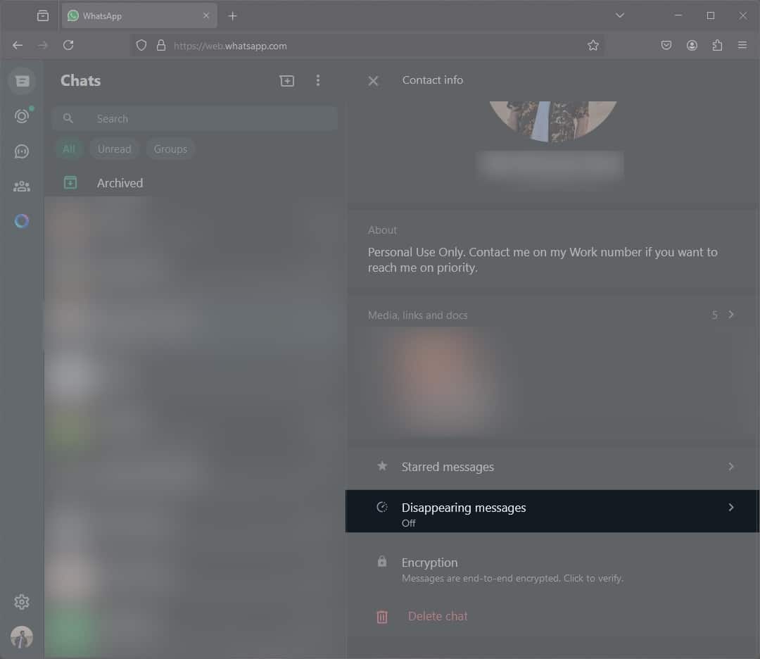 Select Disappearing messages in WhatsApp chat on desktop