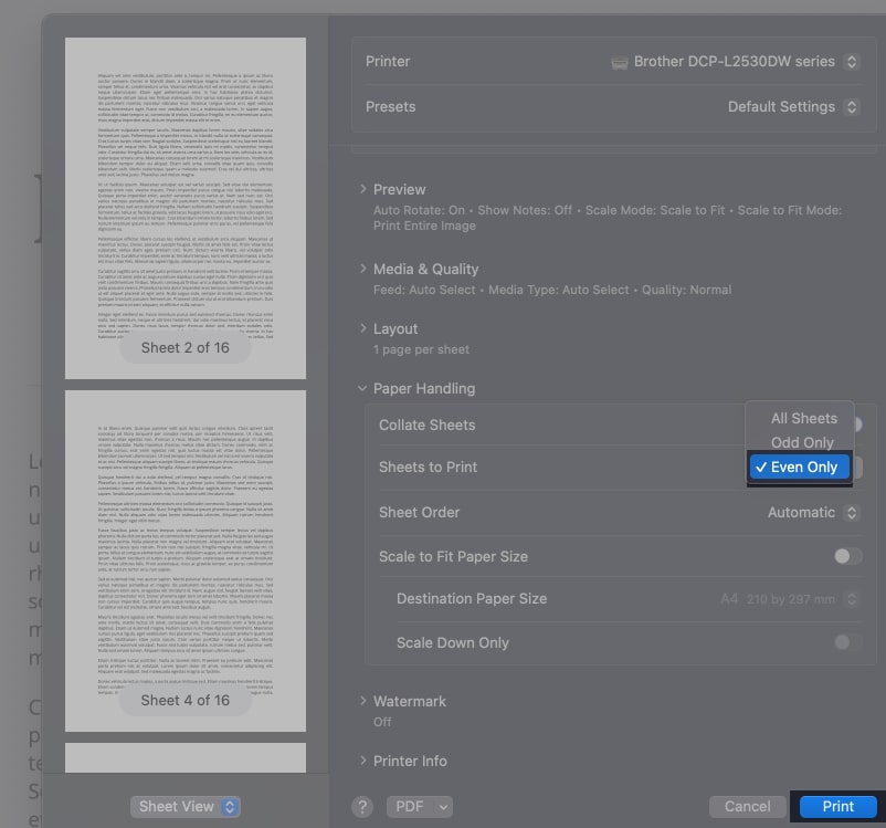 Select Even Only in Sheets to Print section and Print