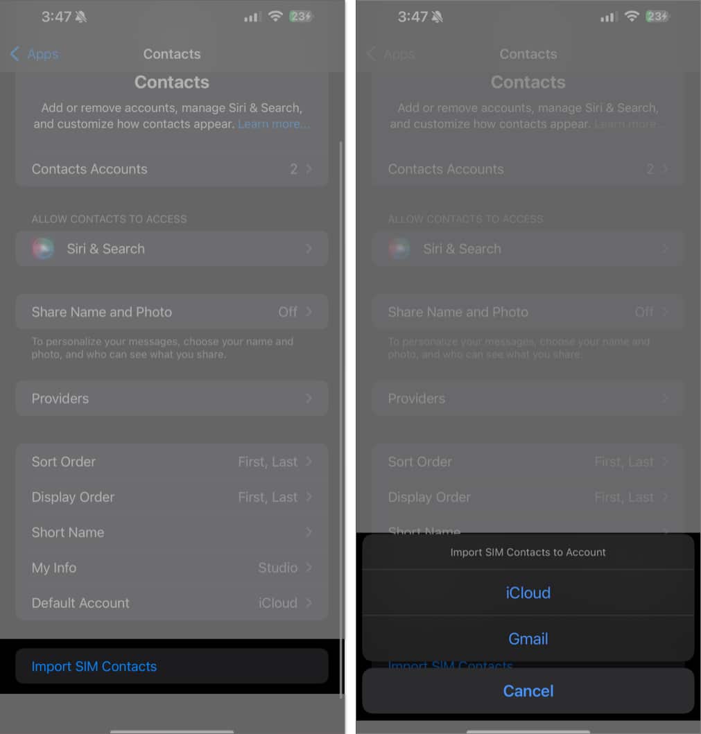 Selecting which account to import SIM contacts to on an iPhone