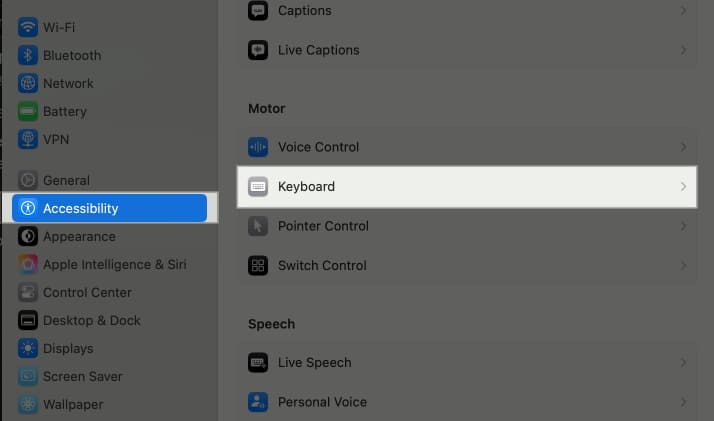 Keyboard option under accessibility settings in macOS System Settings