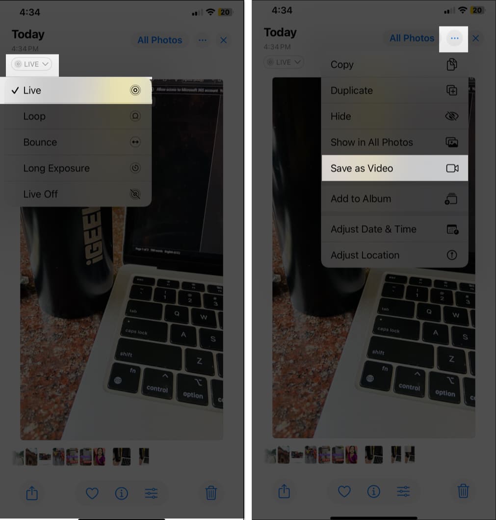 Saving a Live Photo as a video using the Save as Video option in the iPhone Photos app