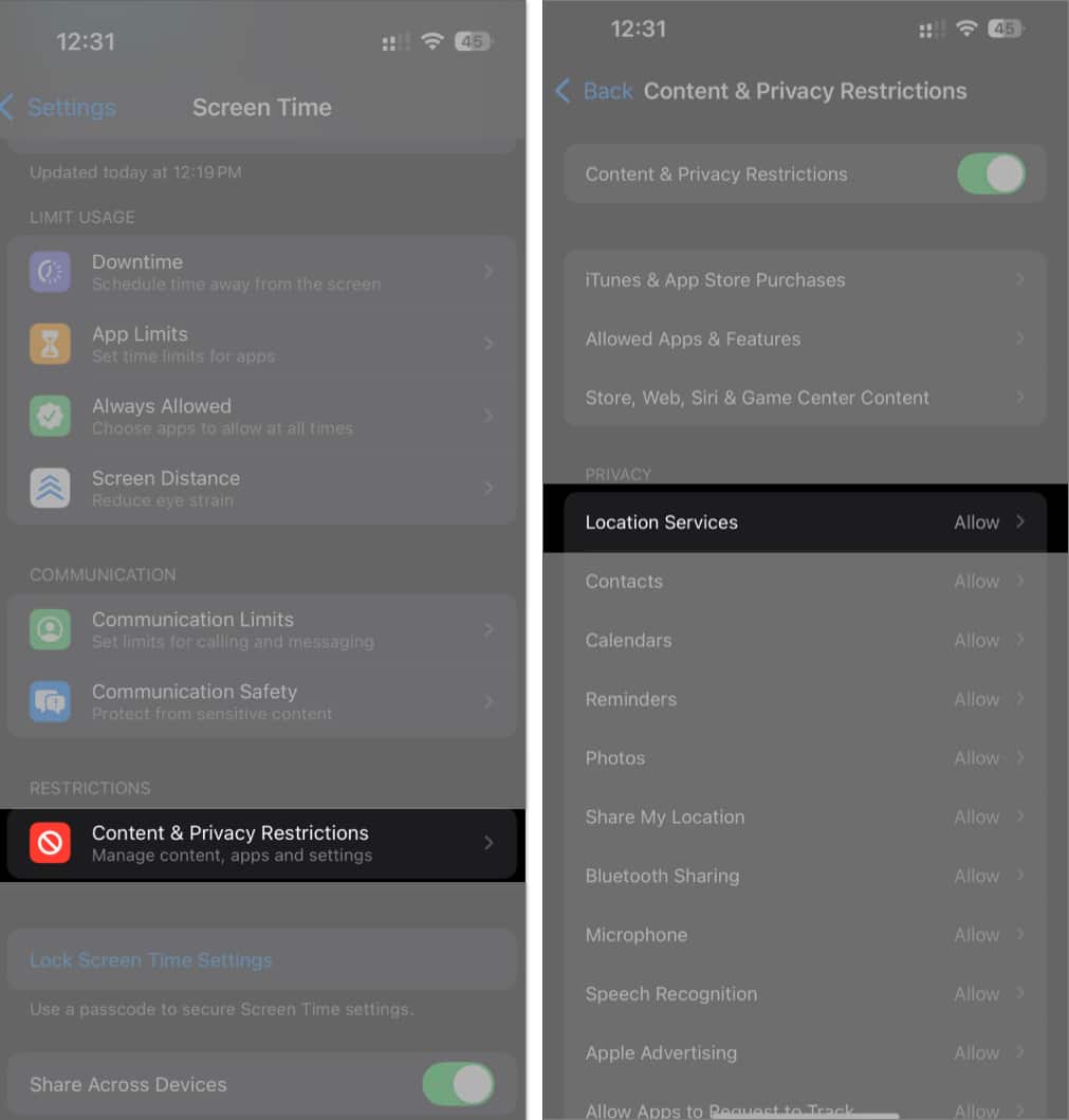 Location Services option under Content and Privacy Restrictions settings on an iPhone