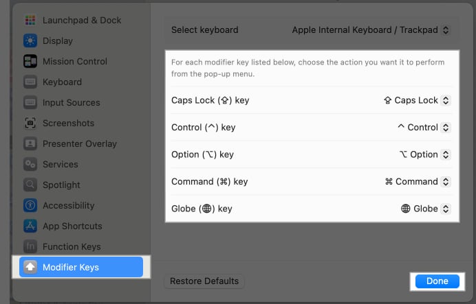 Configuring MacBook keyboard modifier keys in System Settings