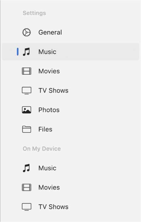 Music option in the left pane in the Apple Devices app