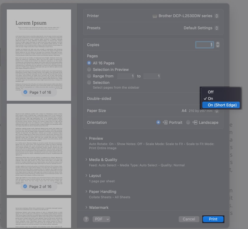 Select On option in Double sided menu and Print