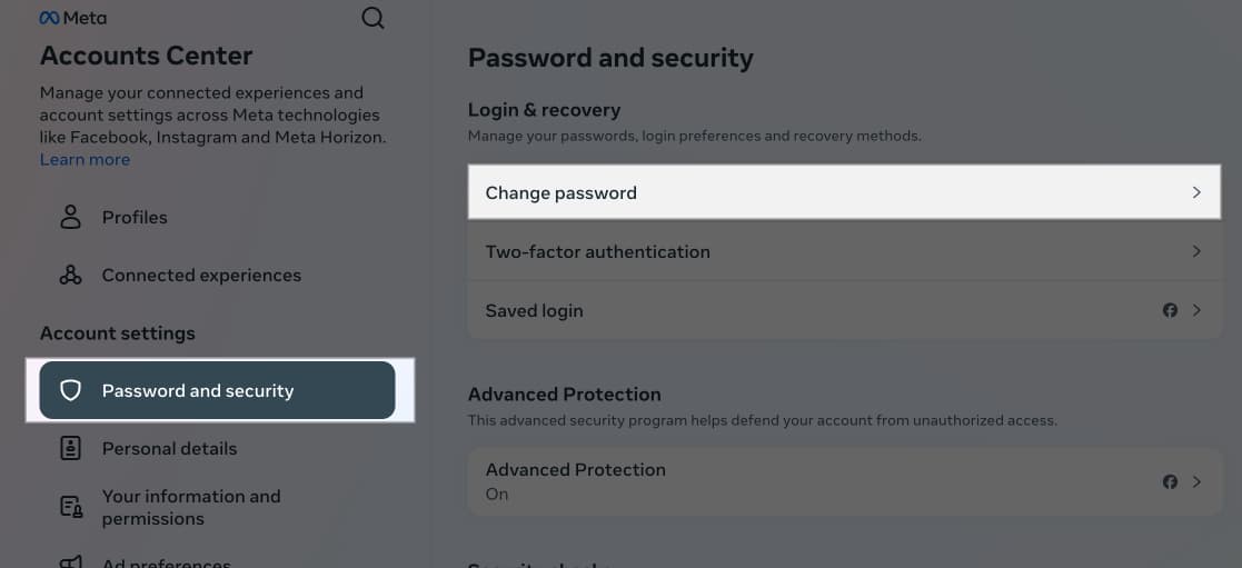 Change Password option under Instagram settings on the desktop