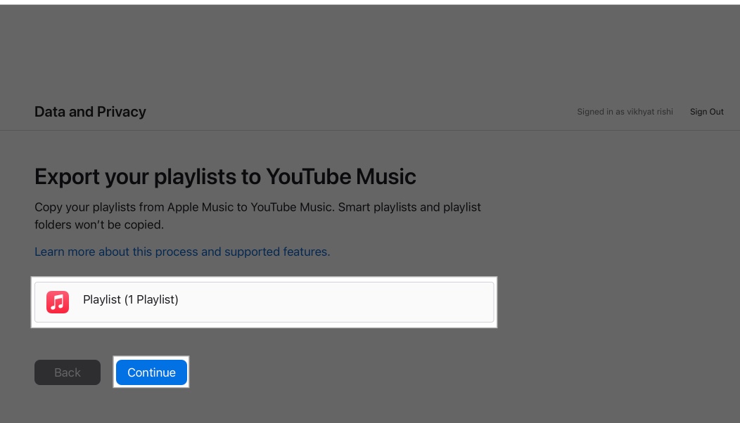 Apple's playlists transfer tool showing all the Apple Music playlists that can be transferred.